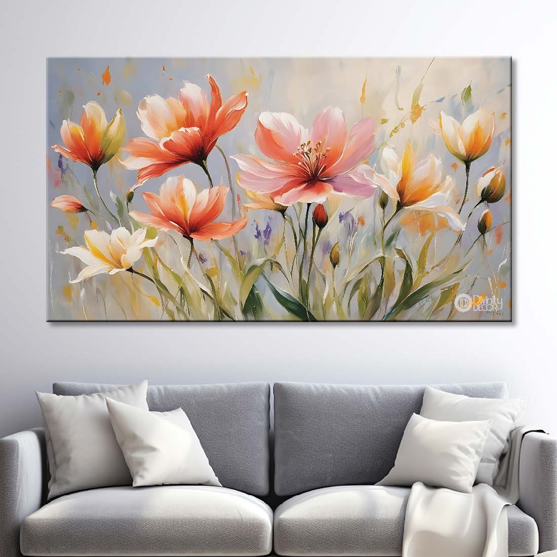 Pink flowers in grey background canvas painting- Flower-772