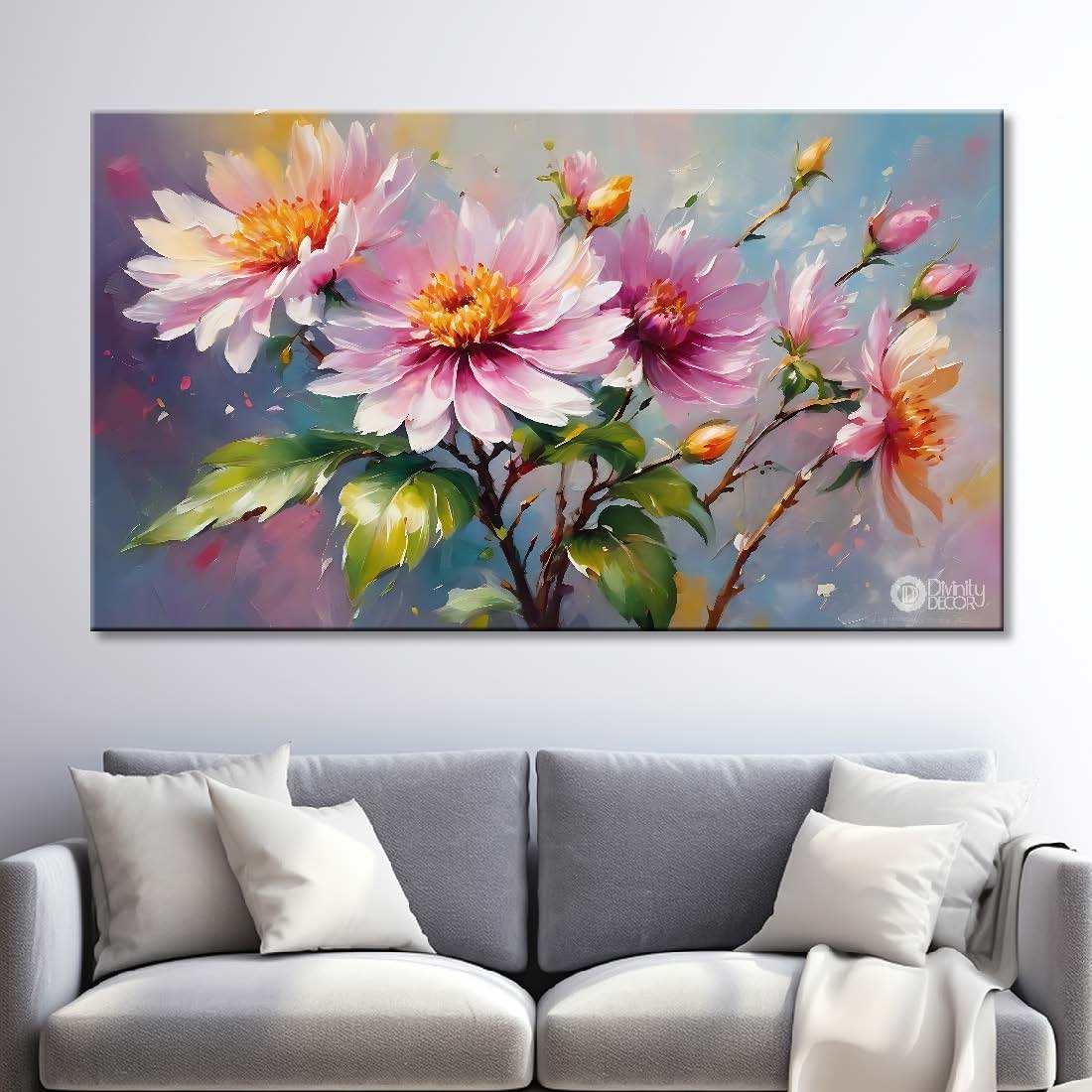 Pink flowers in sky blue background canvas painting- Flower-773