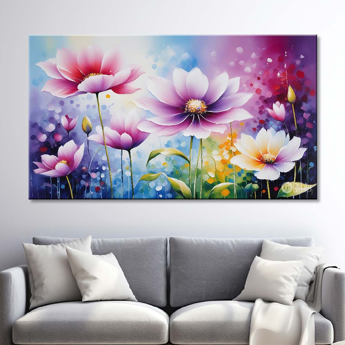 Purple flowers in colorful background canvas painting- Flower-774