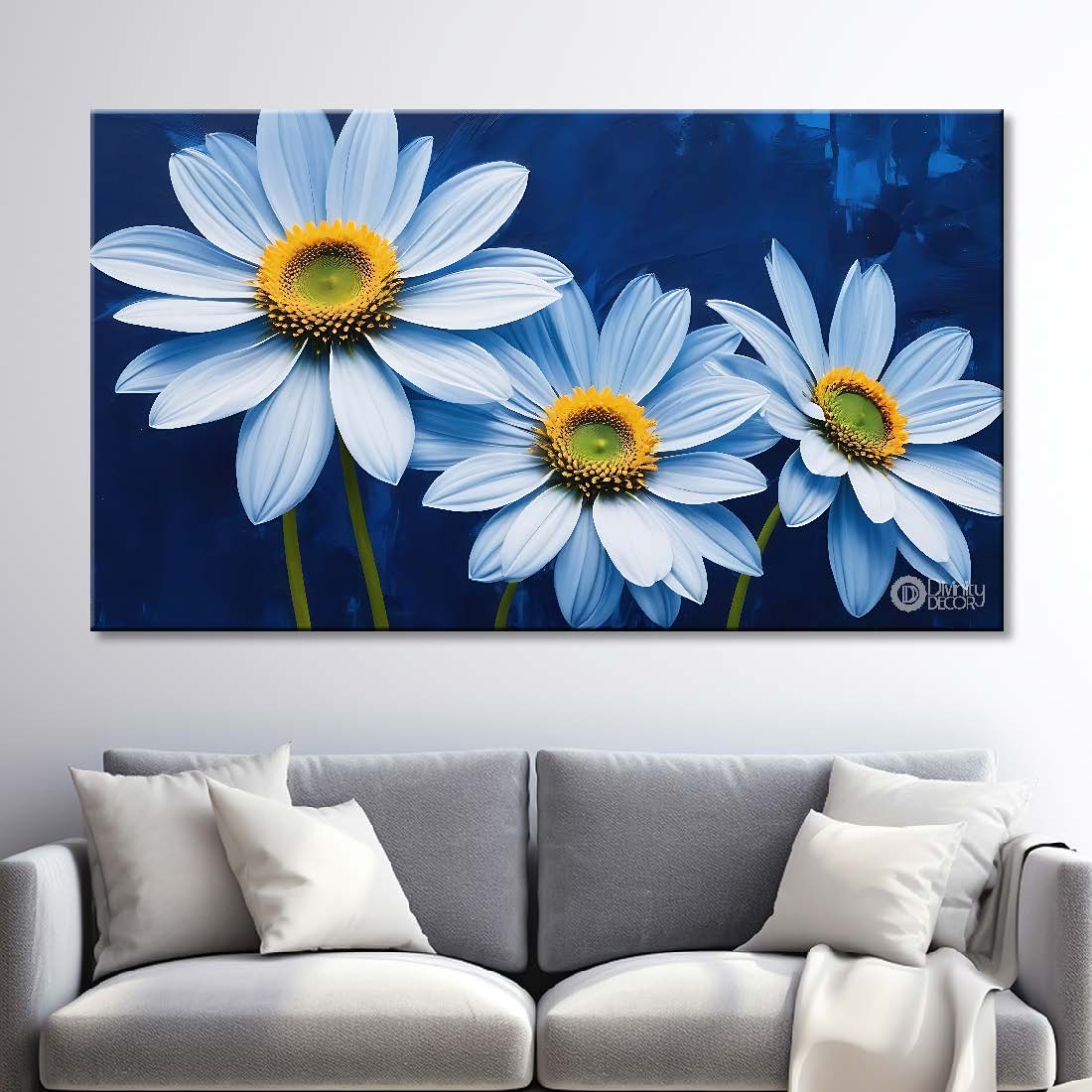 White flowers in navy blue background canvas painting- Flower-775