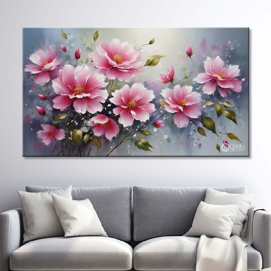 Pink flowers in grey background canvas painting- Flower-776
