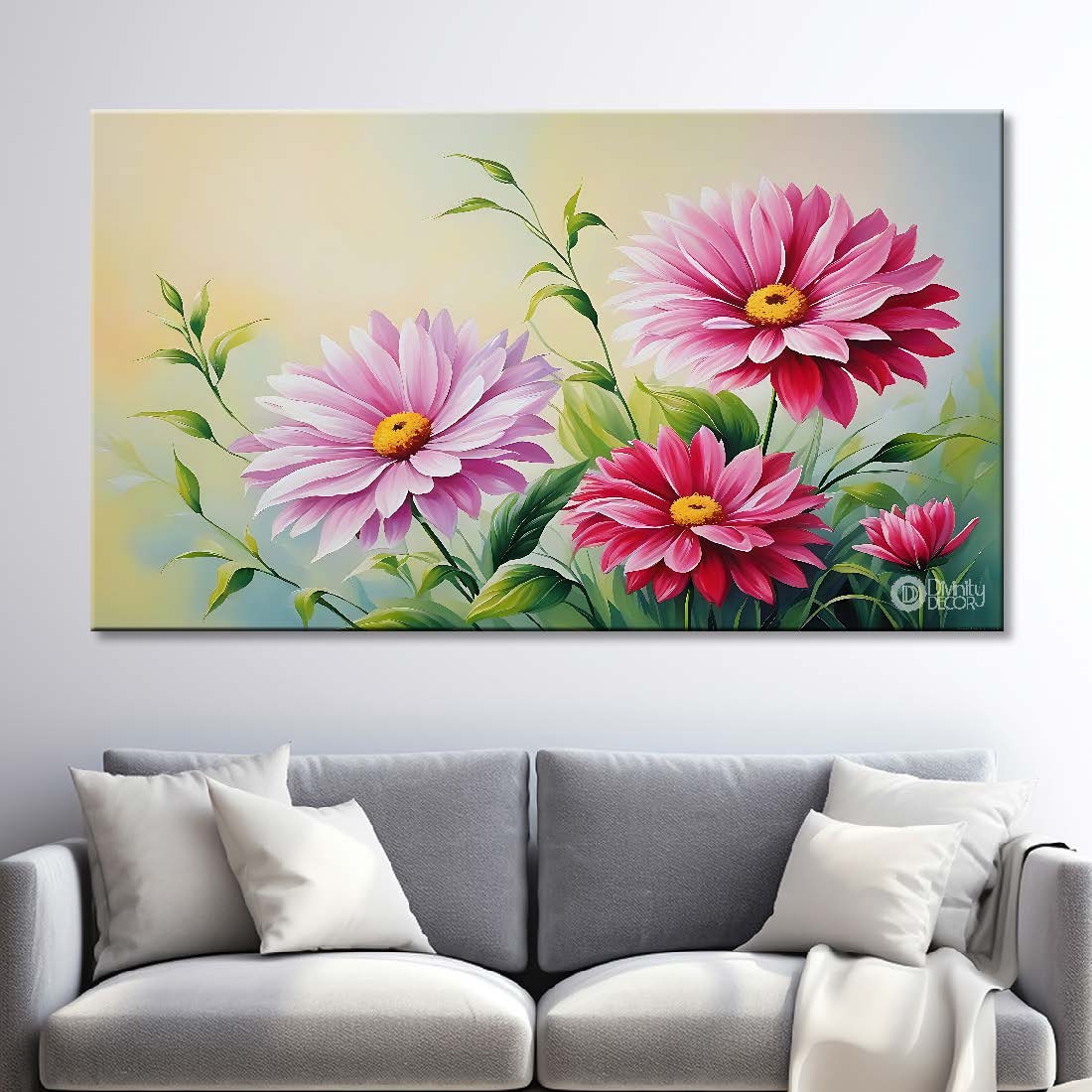 Pink flowers in light background canvas painting- Flower-777