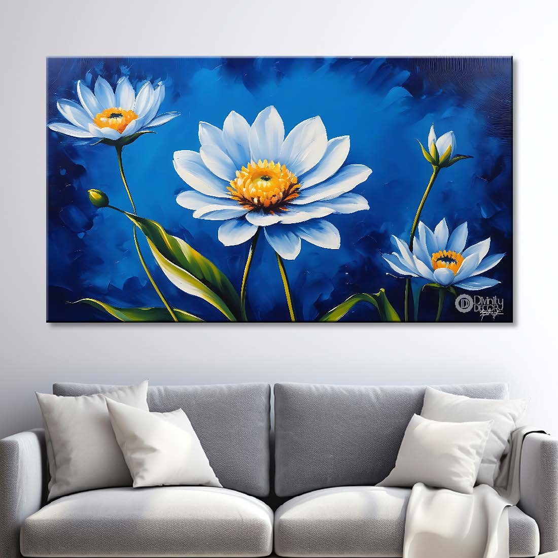 White flowers in navy blue background canvas painting- Flower-778