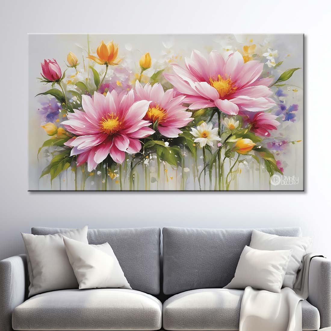 Pink flowers in light background canvas painting- Flower-779