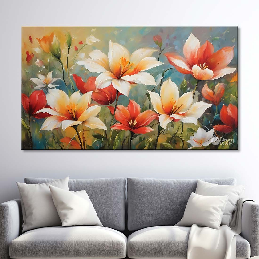 White and orange flowers in grey background canvas painting- Flower-780