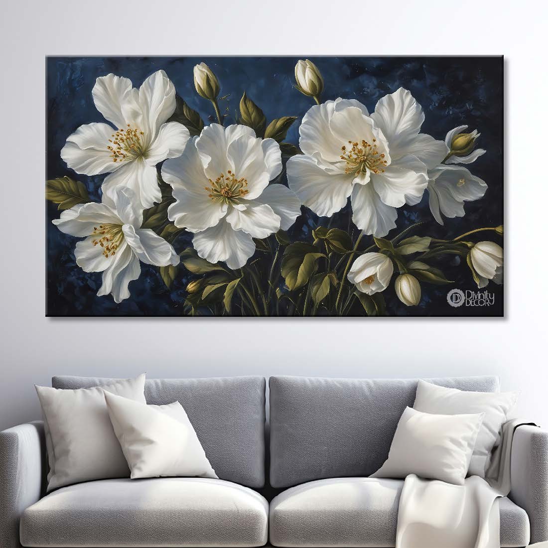 White flowers in navy blue background canvas painting- Flower-781