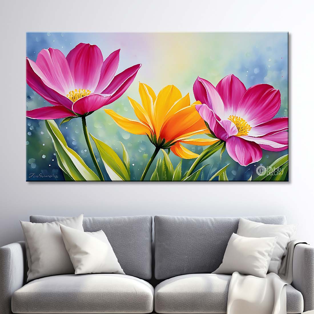 Pink and yellow flowers in sky blue background canvas painting- Flower-782