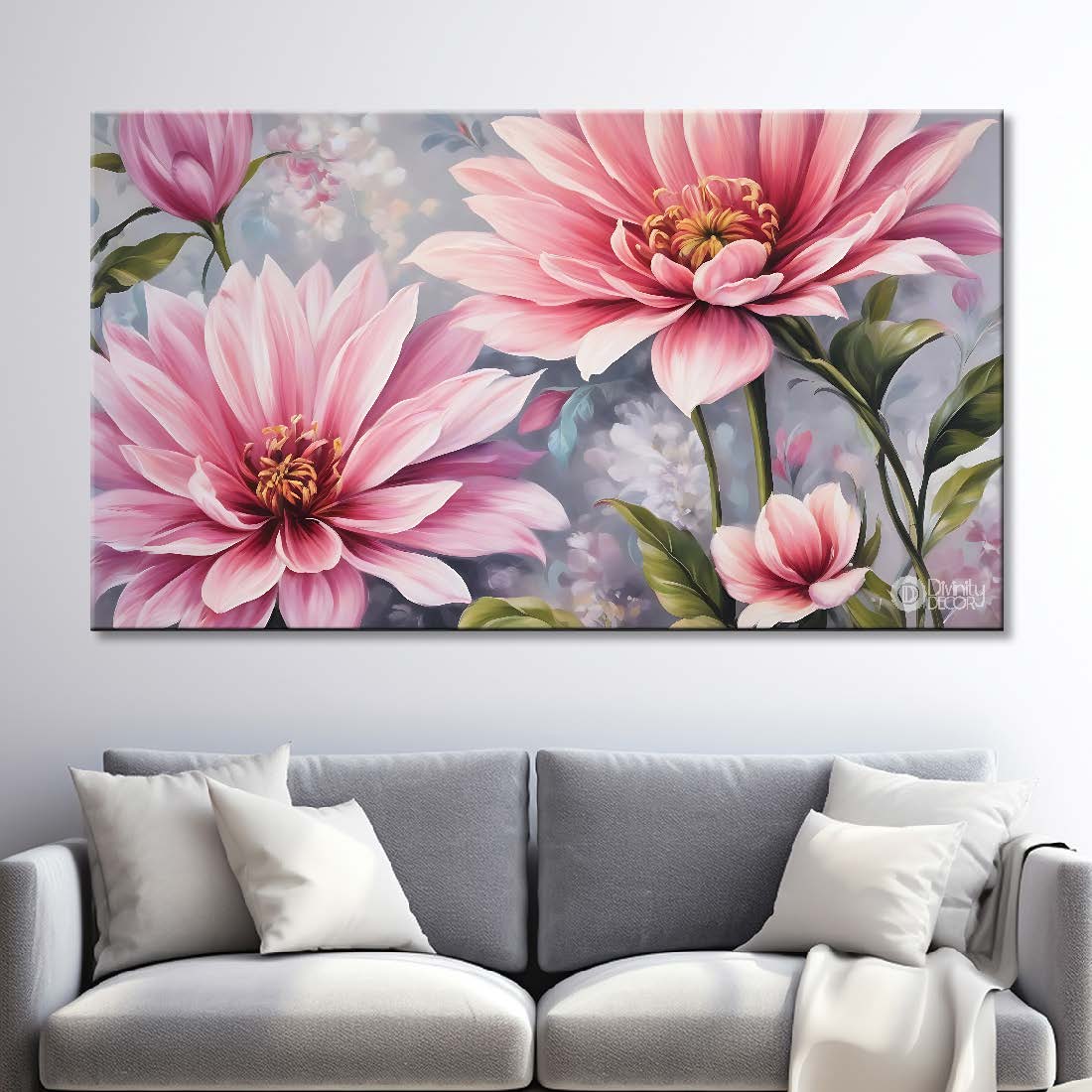 Pink flowers in grey background canvas painting- Flower-783