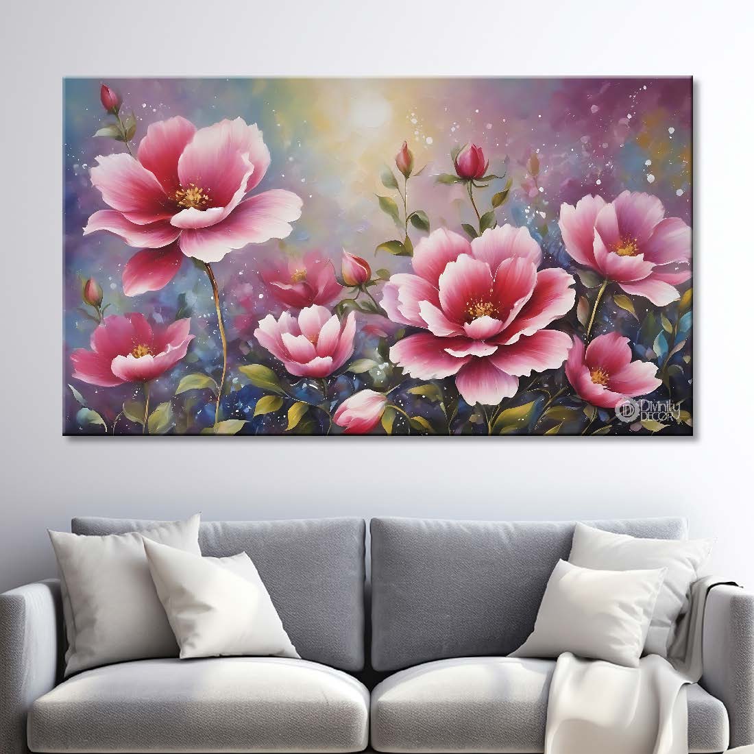 Pink flowers in grey background canvas painting- Flower-784