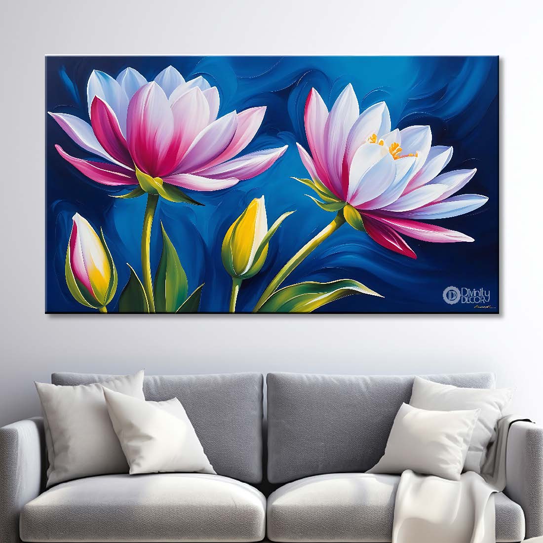Pink flowers in navy blue background canvas painting- Flower-787