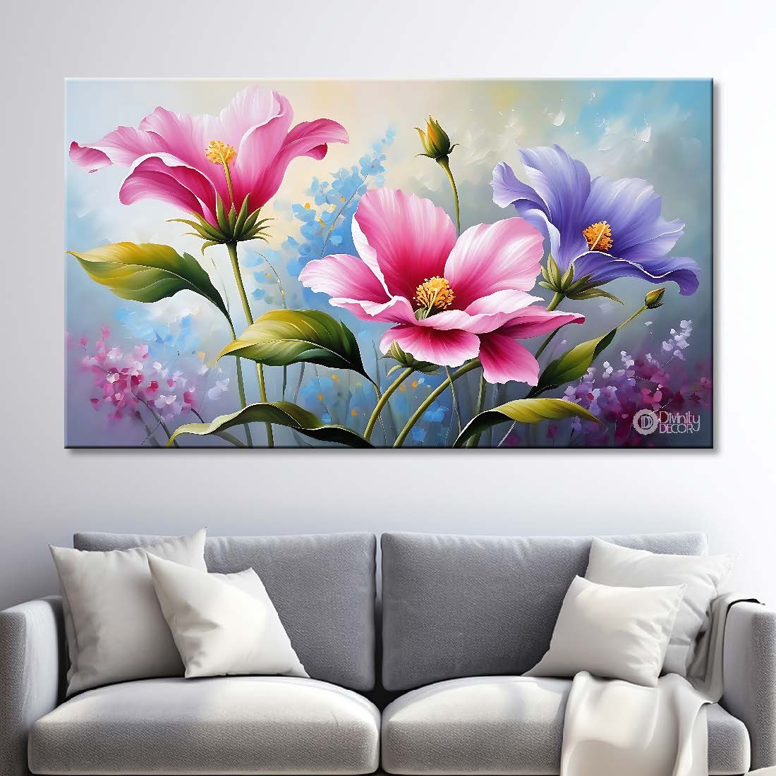 Pink flowers in sky blue background canvas painting- Flower-788