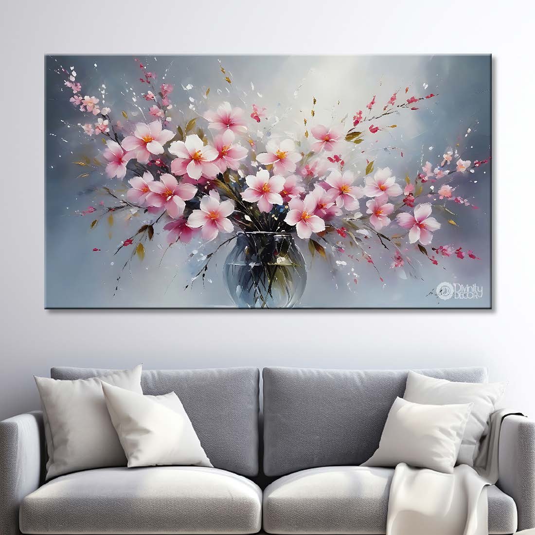 Pink flowers in a vas in grey background canvas painting- Flower-789