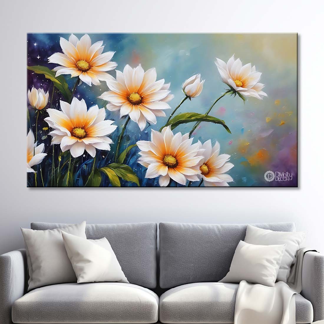 White flowers in blue background canvas painting- Flower-791