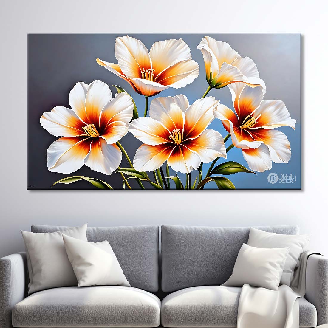White flowers in sky blue background canvas painting- Flower-792