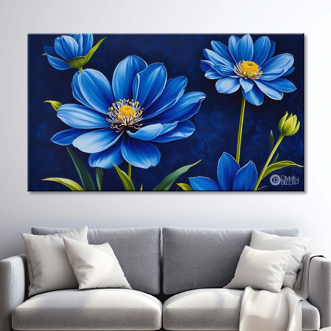 Blue flower in navy blue background canvas painting- Flower-793