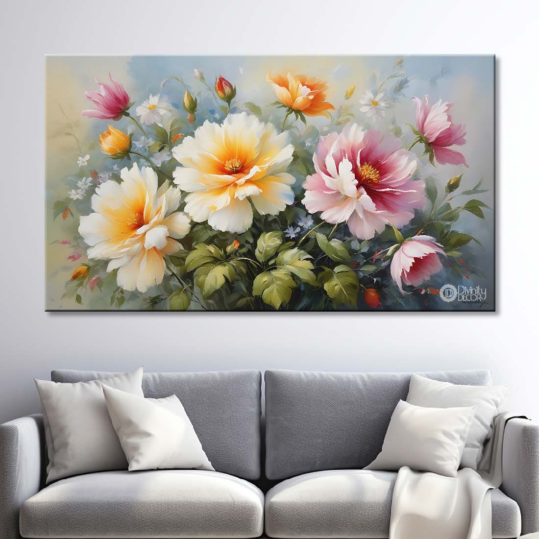 White and pink flowers in sky blue background canvas painting- Flower-794