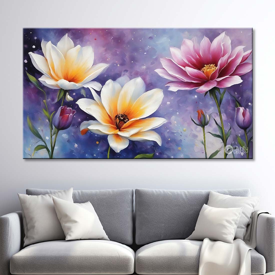 White and pink flowers in purple background canvas painting- Flower-795