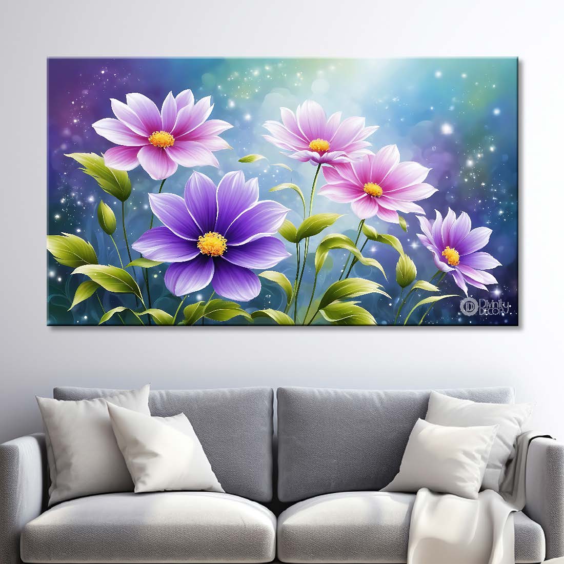 Purple and pink flowers in sky blue background canvas painting- Flower-796