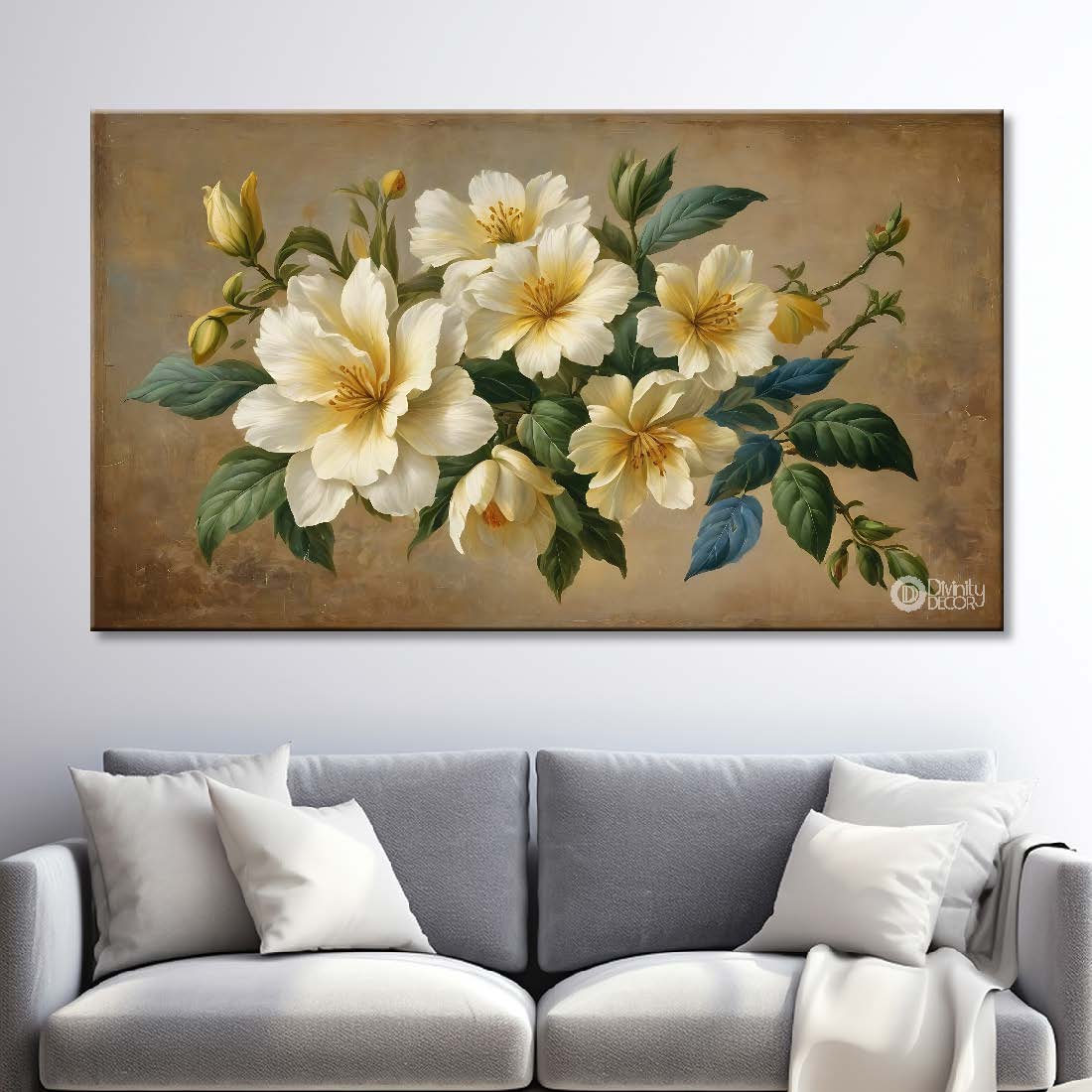 White flowers in light brown background canvas painting- Flower-797
