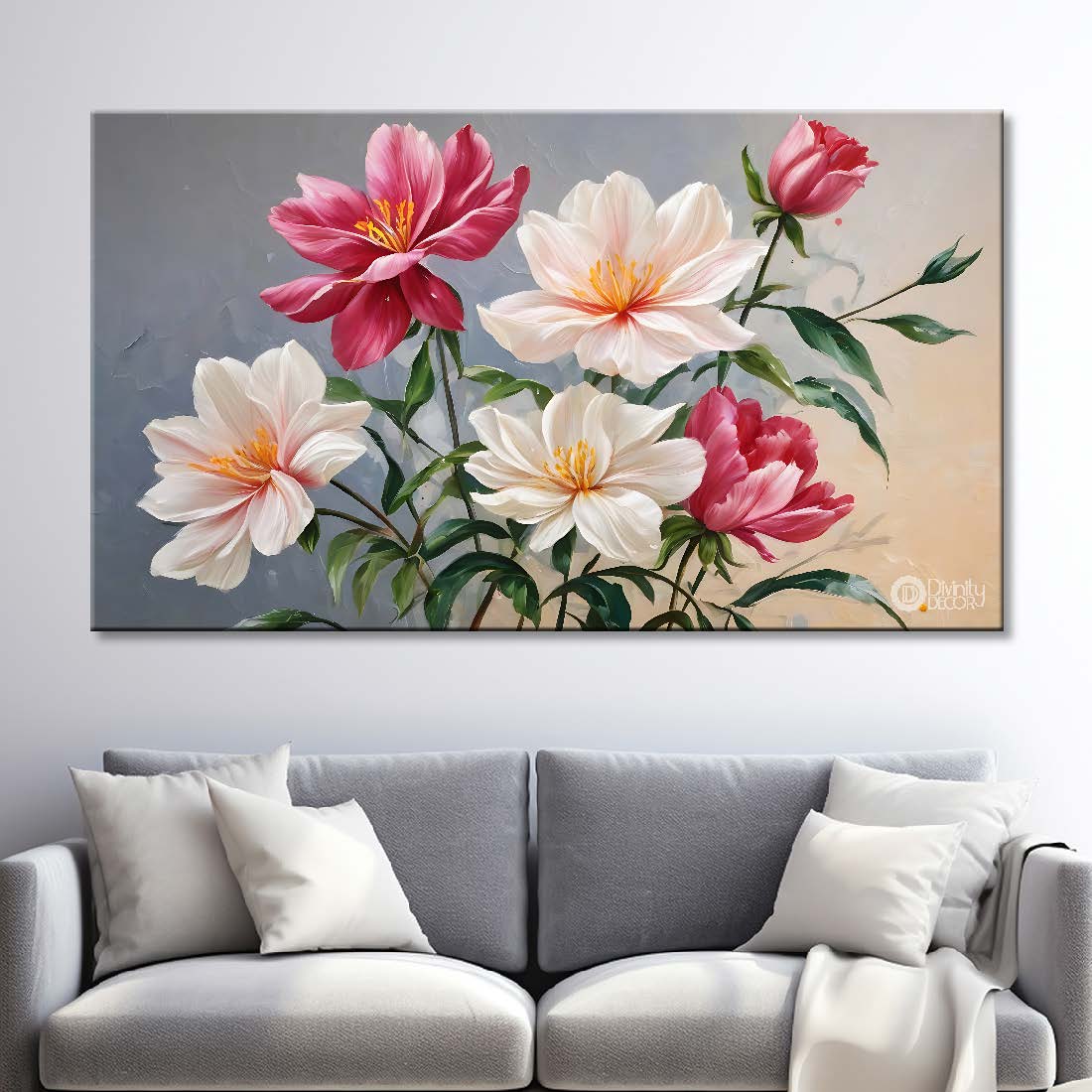 Pink flowers in grey background canvas painting- Flower-798