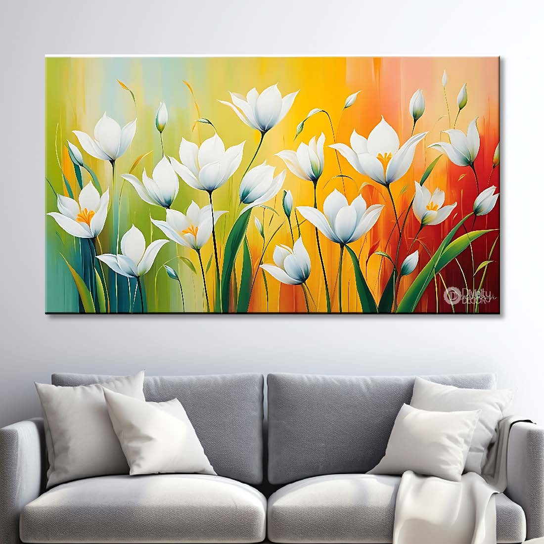 White flowers in green and yellow background canvas painting- Flower-799