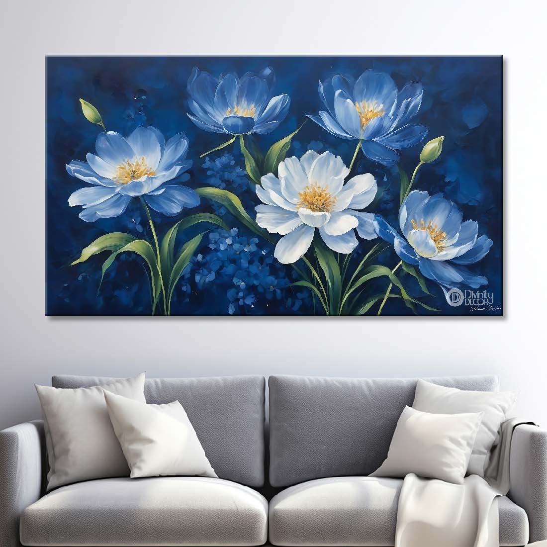 White flowers in navy blue background canvas painting- Flower-800