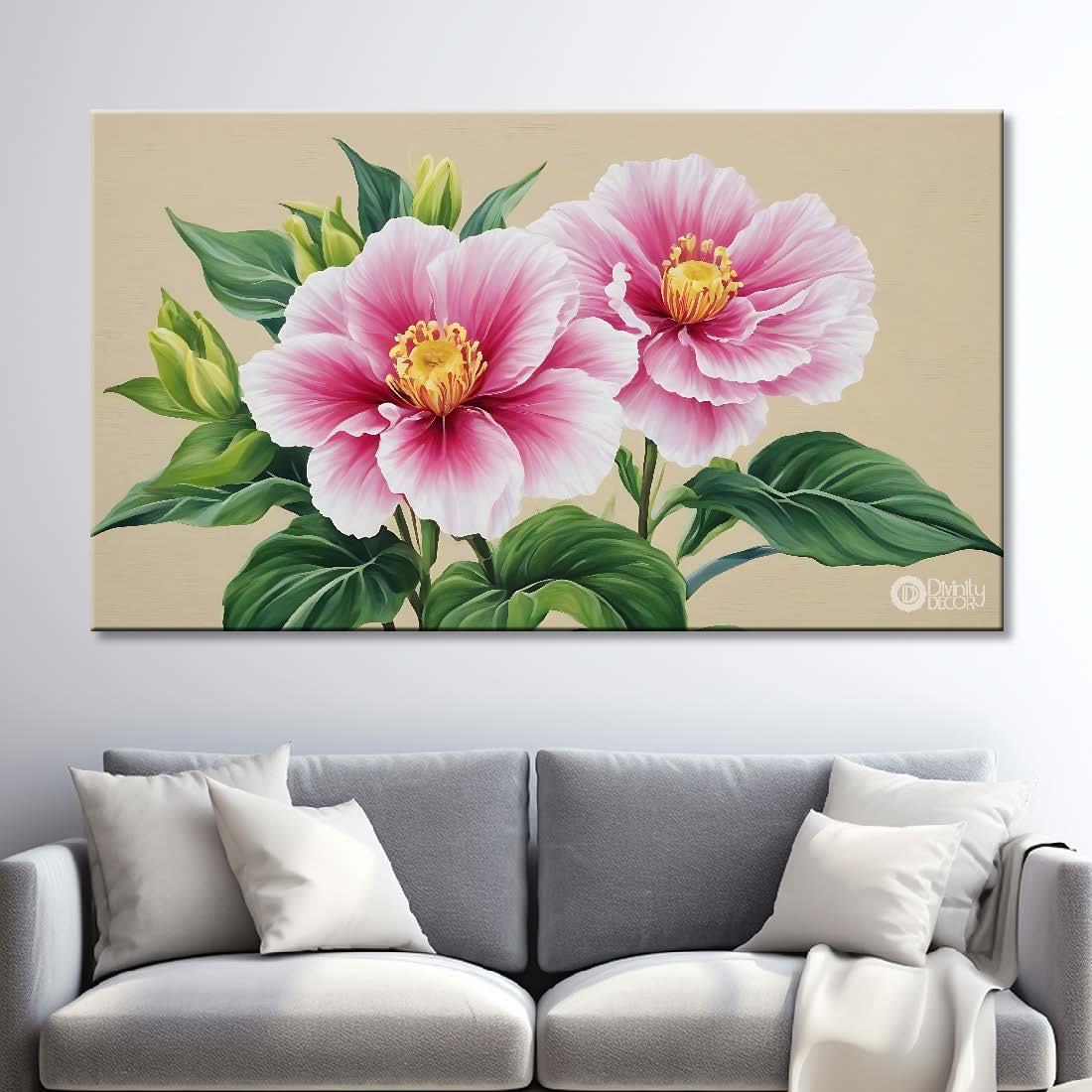 Pink flowers in light background canvas painting- Flower-801