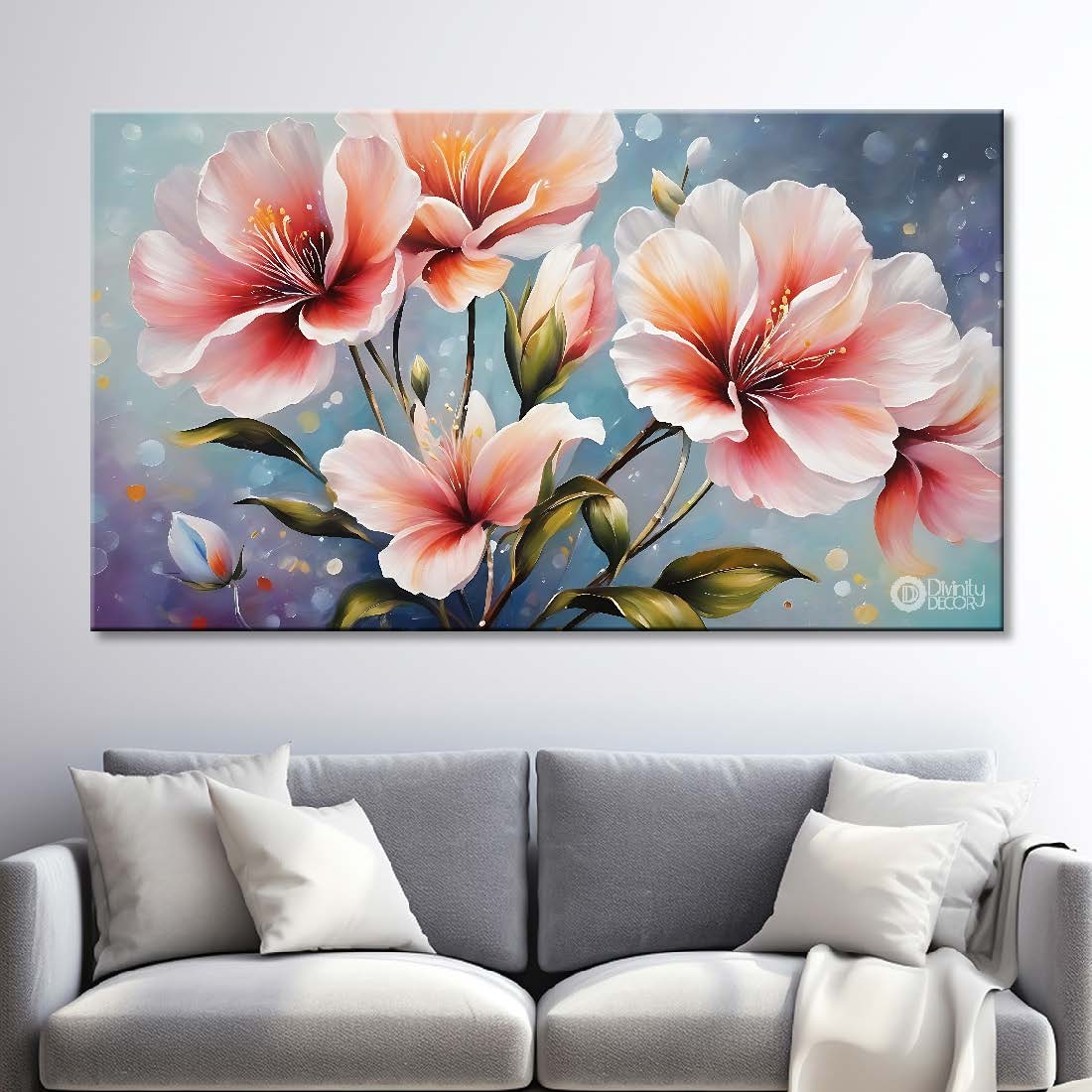 Pink flowers in sky blue background canvas painting- Flower-802