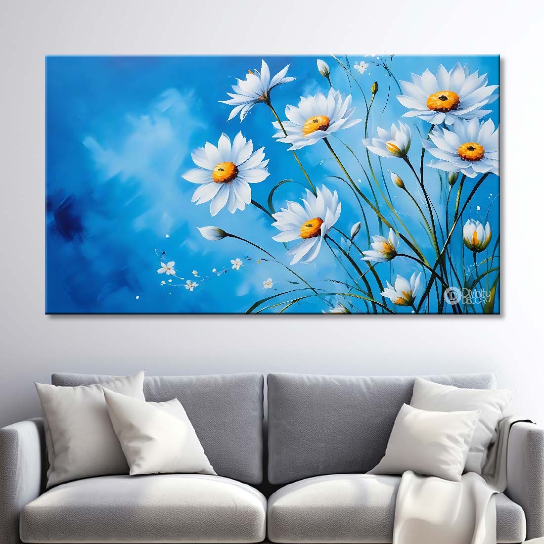 White flowers in  blue background canvas painting- Flower-803