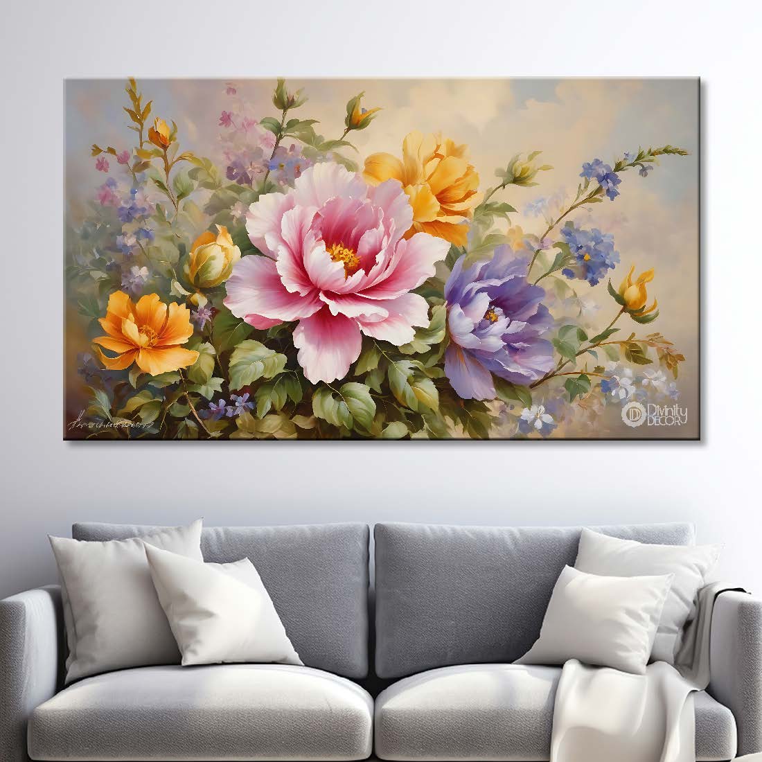 Pink flowers in light background canvas painting- Flower-804