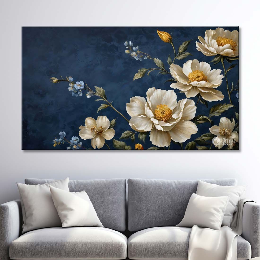 White flowers in navy blue background canvas painting- Flower-807