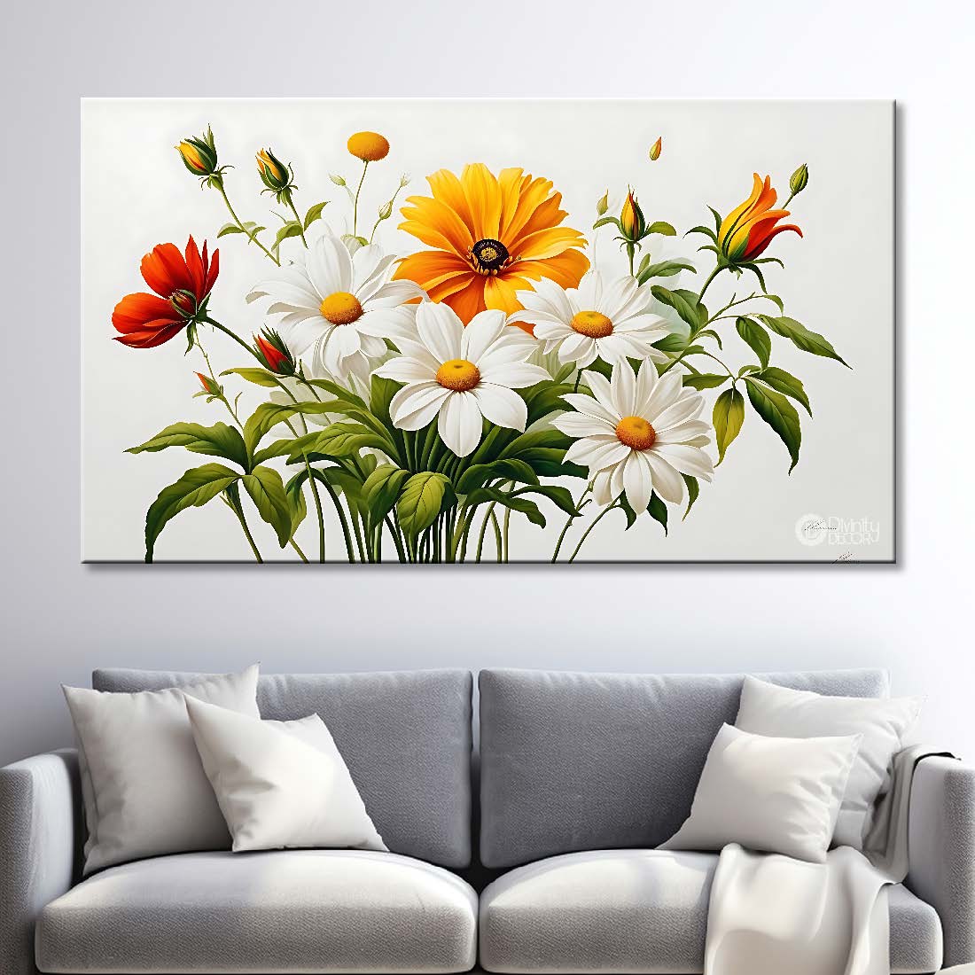 White and orange flowers in white background canvas painting- Flower-808