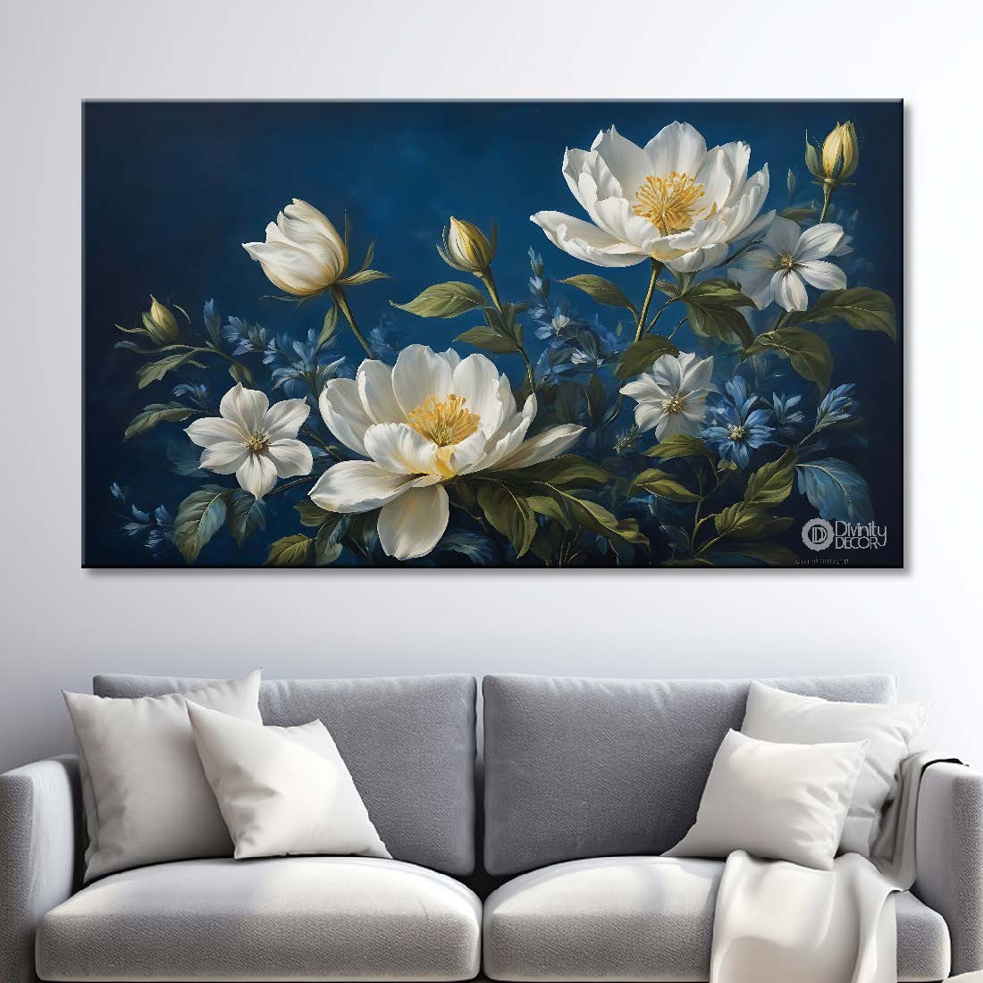White flowers in navy blue background canvas painting- Flower-809