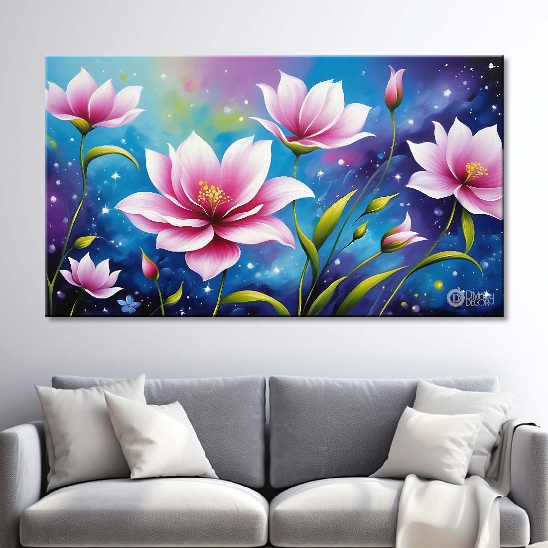 Pink flowers in sky blue background canvas painting- Flower-810