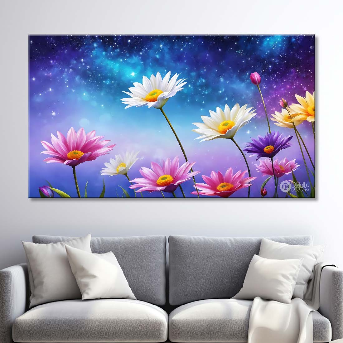 Pink flowers in sky blue background canvas painting- Flower-811