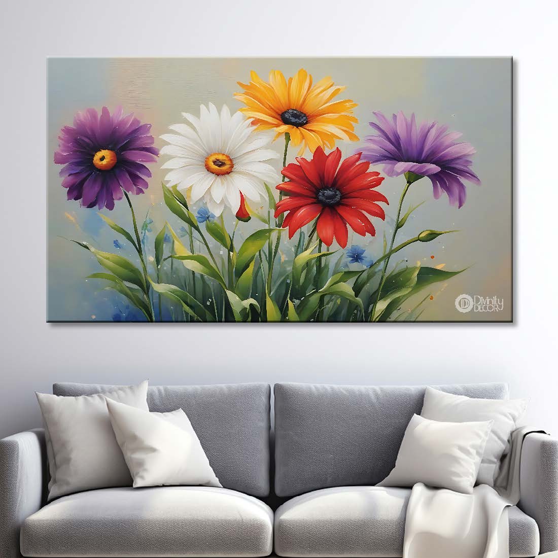 Colorful flowers in light background canvas painting- Flower-813