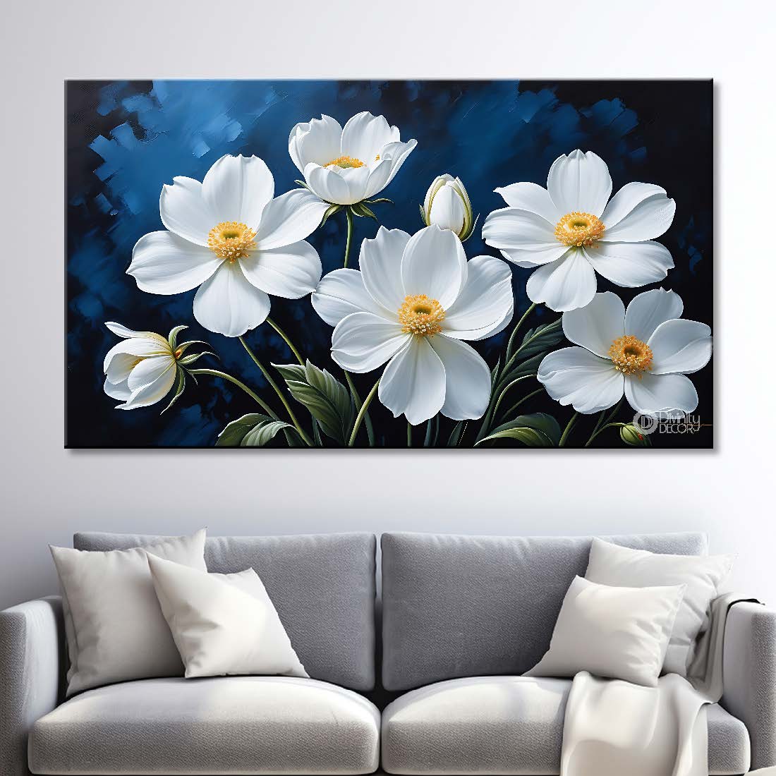 White flowers in navy blue background canvas painting- Flower-814