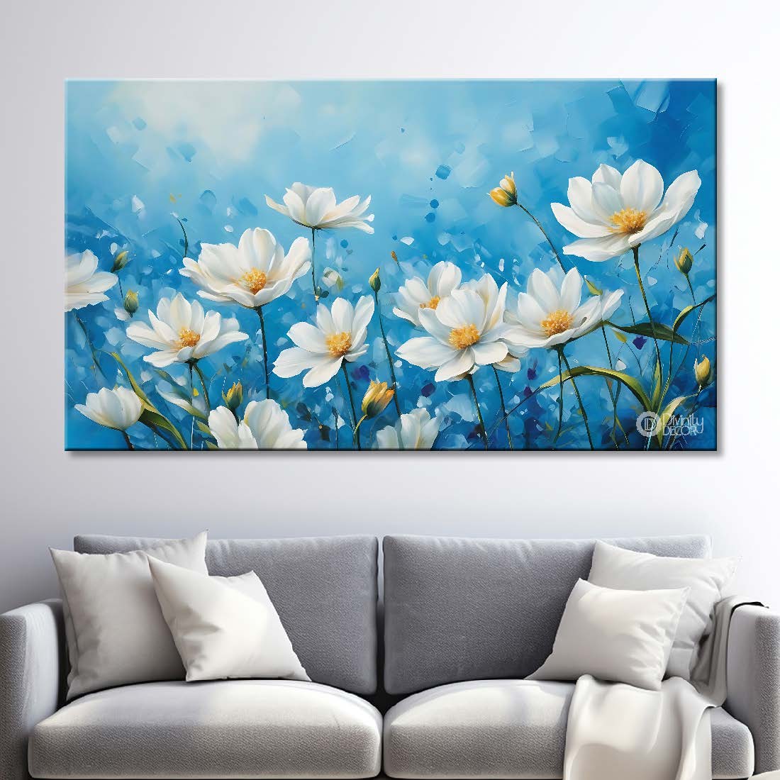 White flowers in navy blue background canvas painting- Flower-815