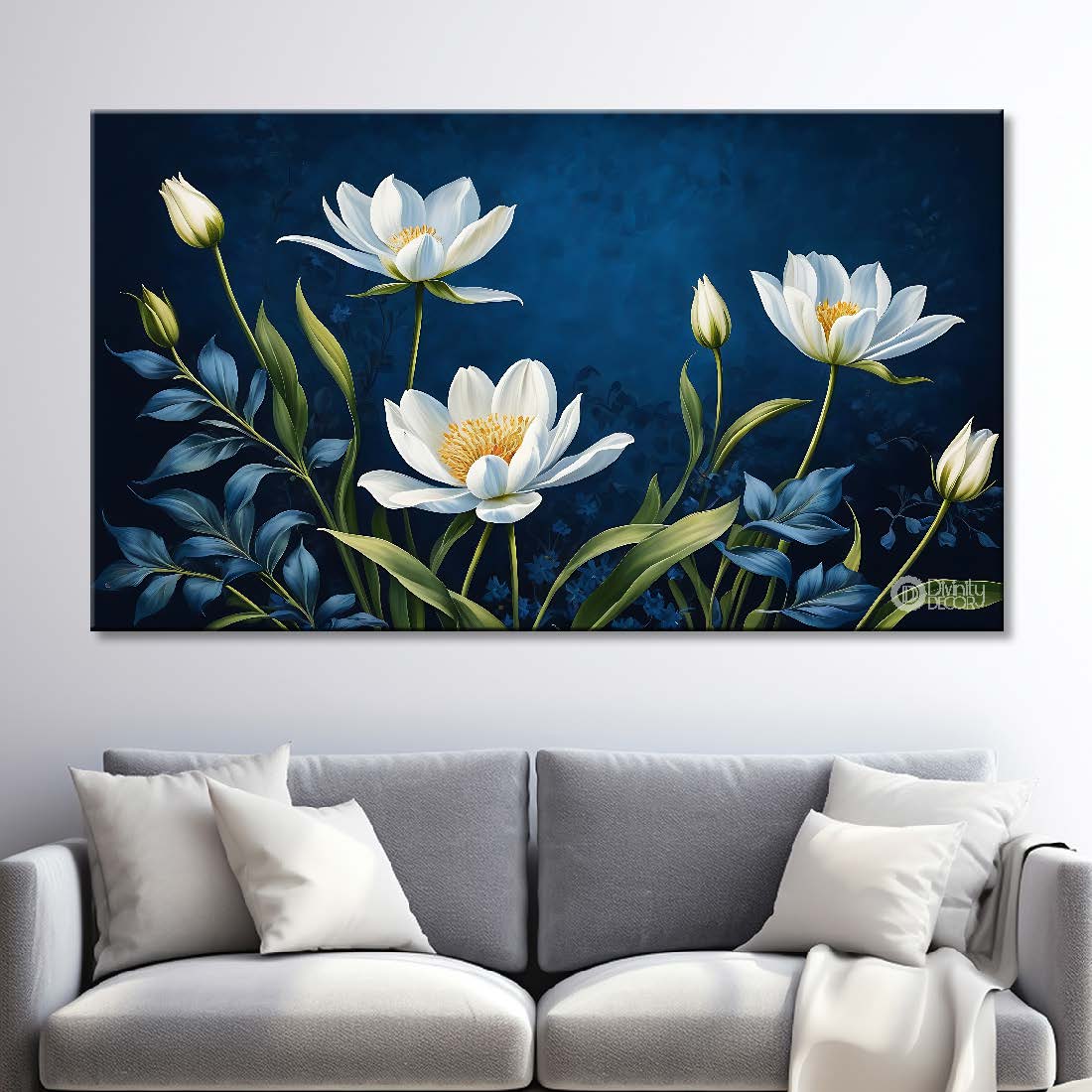 White flowers in blue background canvas painting- Flower-816