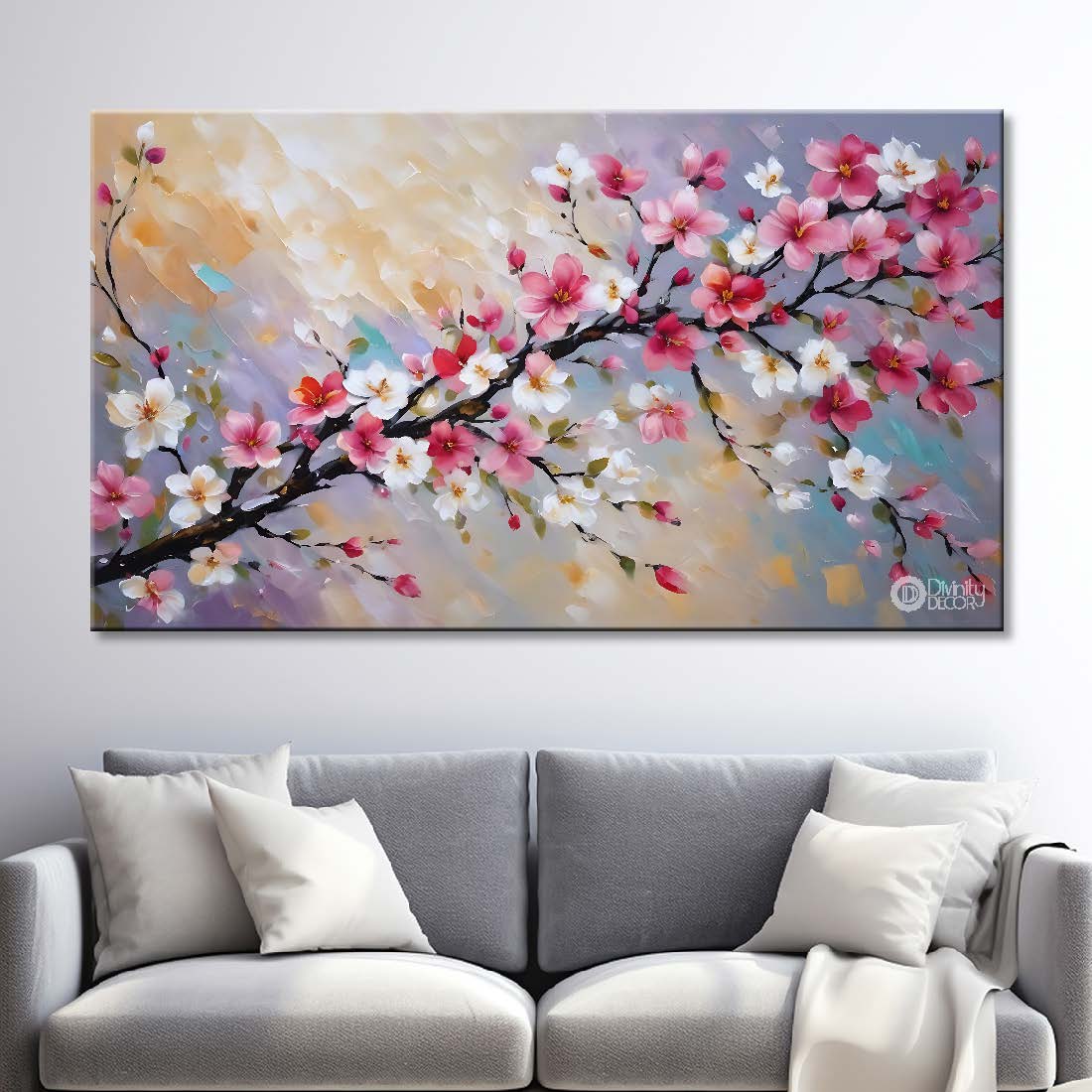 Pink flowers in grey background canvas painting- Flower-817