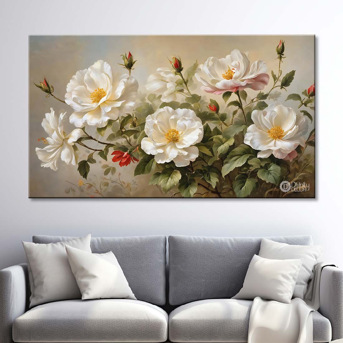 White flowers in light brown background canvas painting- Flower-818