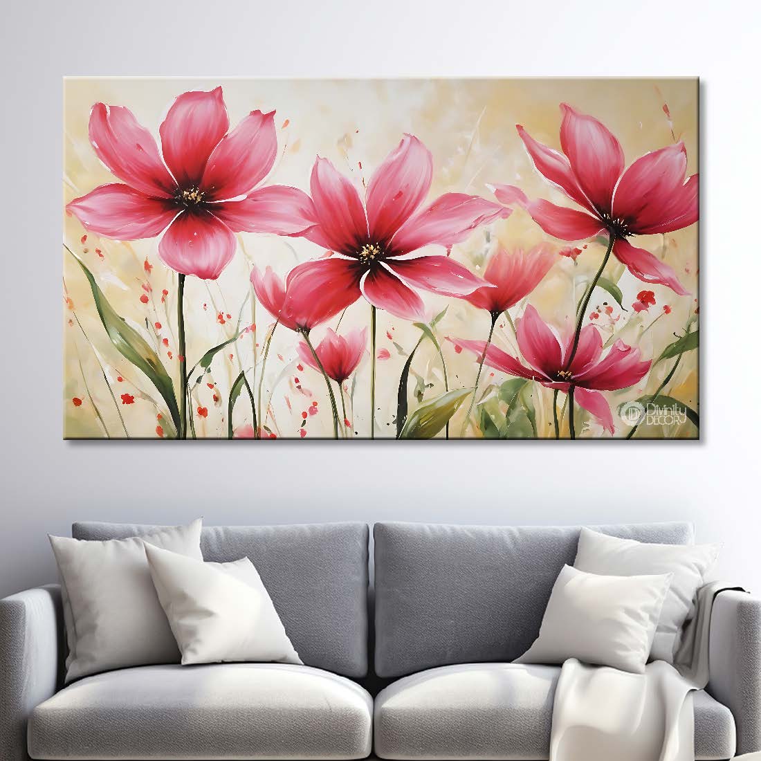 Pink flowers in light background canvas painting- Flower-819