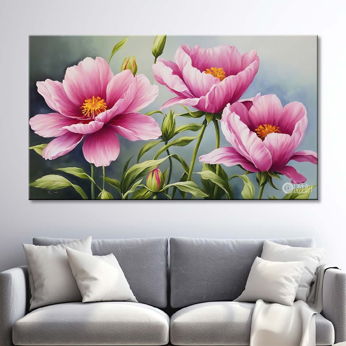 Pink flowers in sky blue background canvas painting- Flower-820