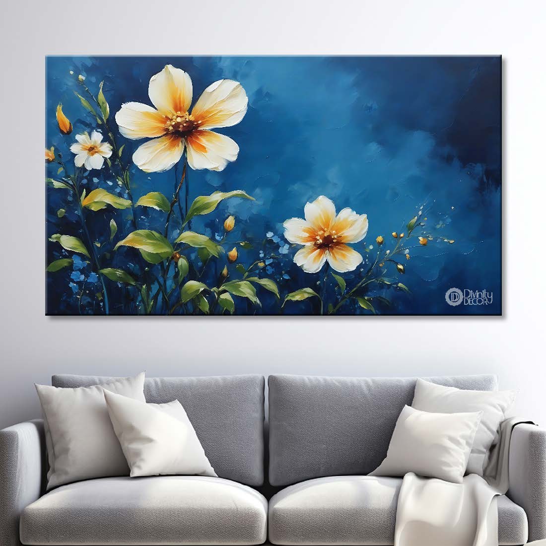 White flowers in navy blue background canvas painting- Flower-821