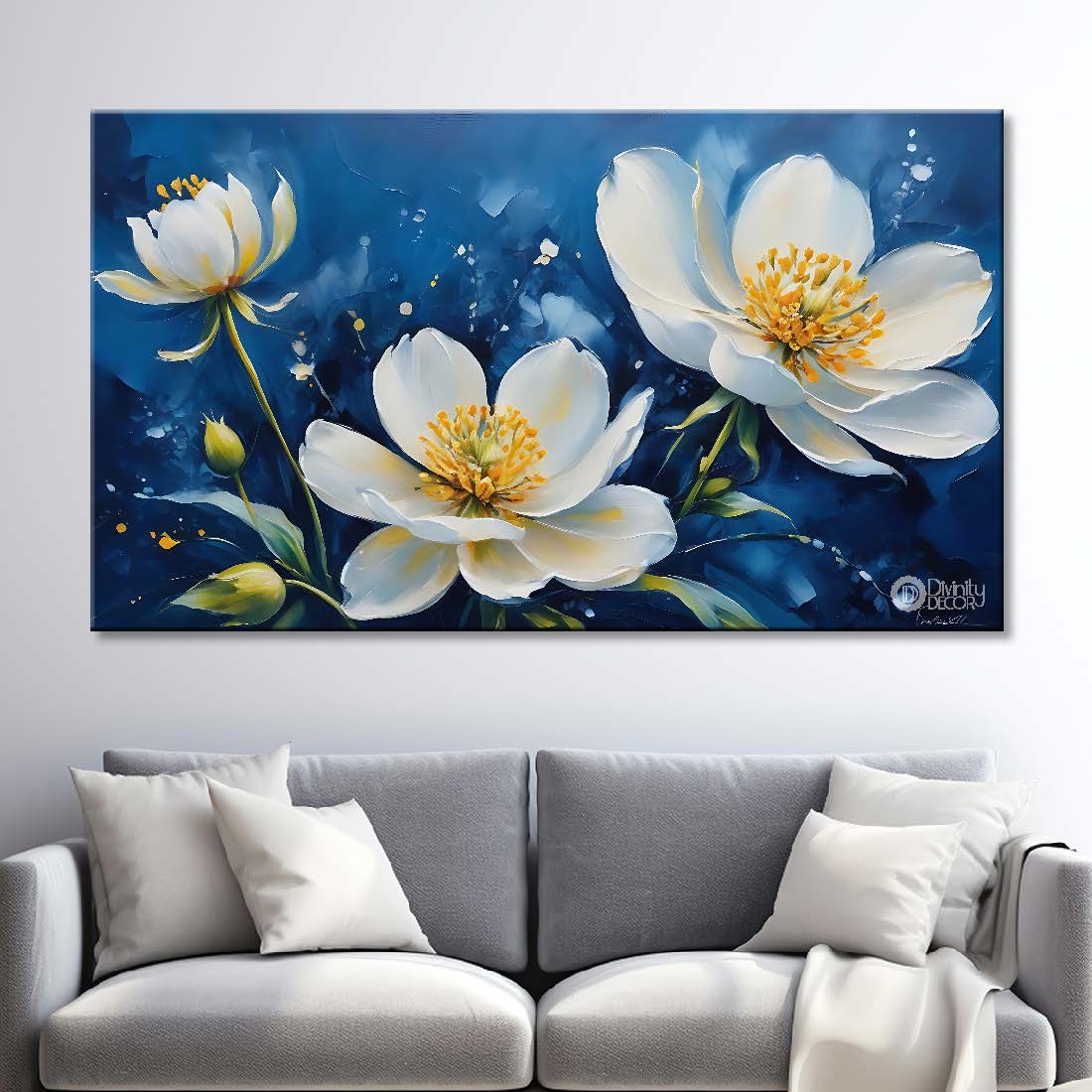 White flowers in navy blue background canvas painting- Flower-822