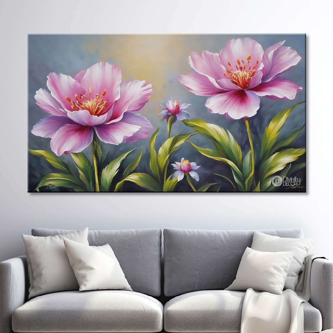 Pink flowers in grey background canvas painting- Flower-823