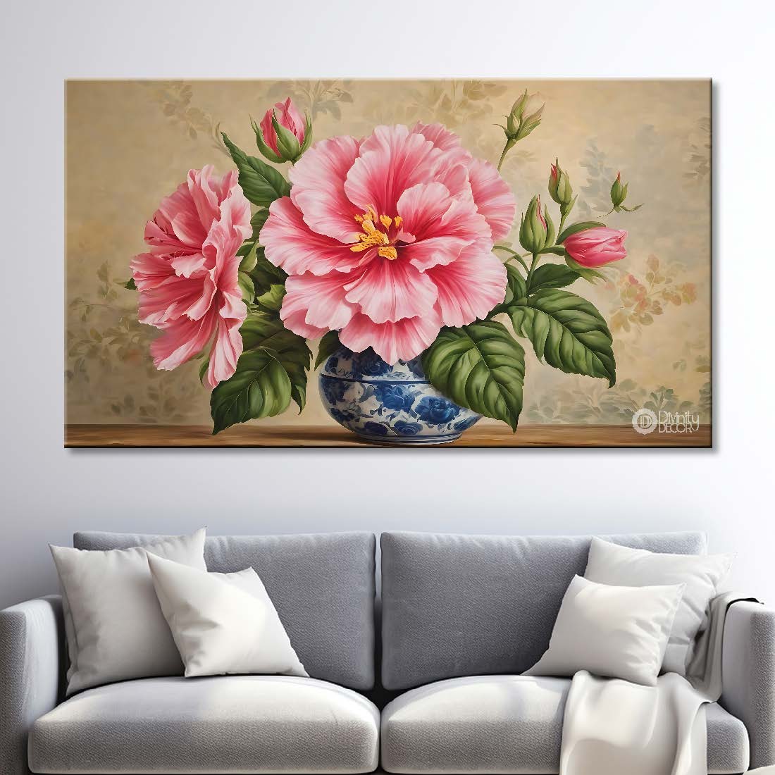 Pink flowers in light brown background canvas painting- Flower-824