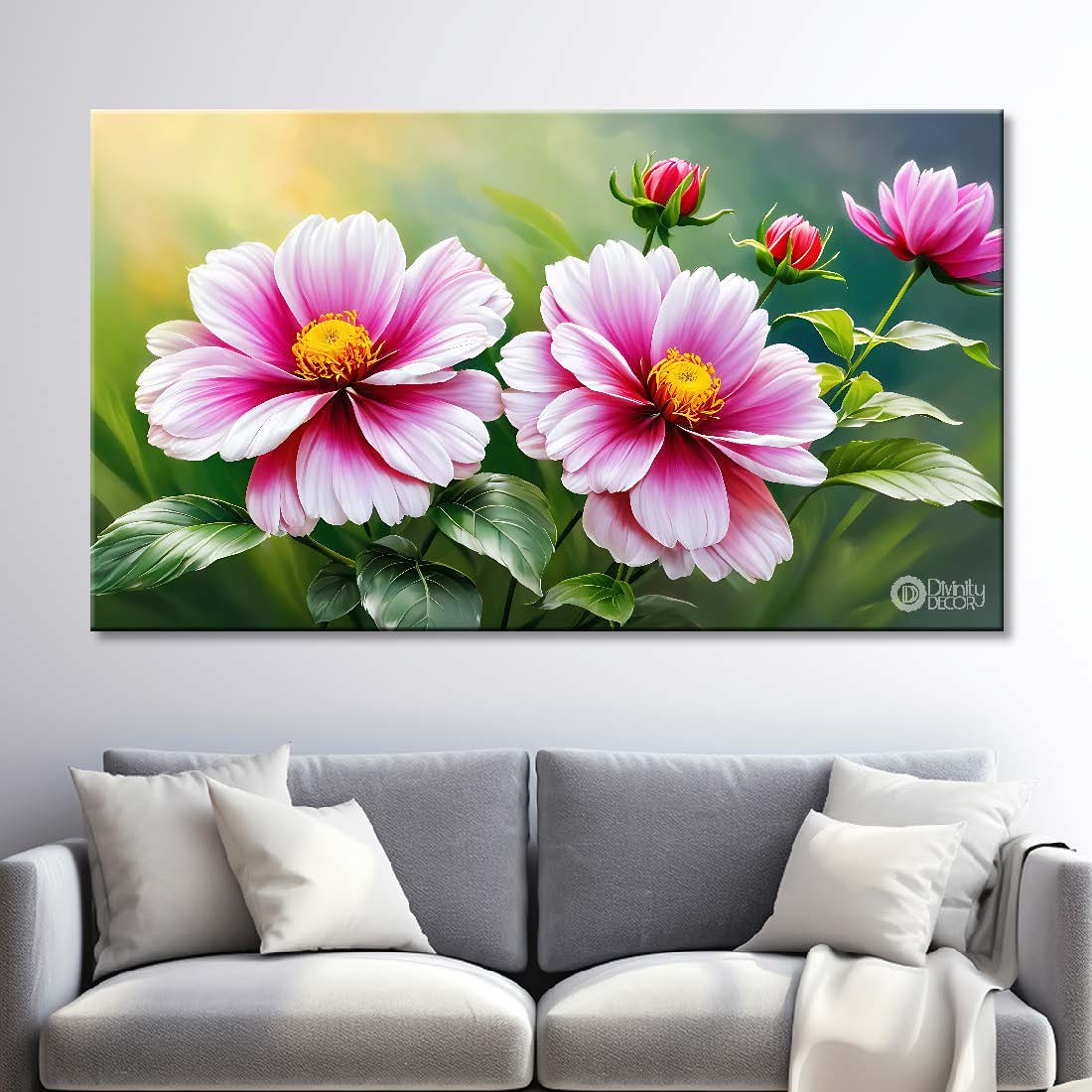 Pink flowers in light green background canvas painting- Flower-825