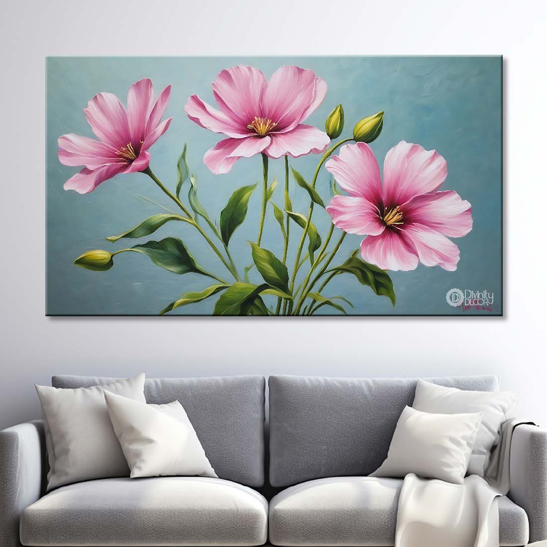 Pink flowers in light blue background canvas painting- Flower-826