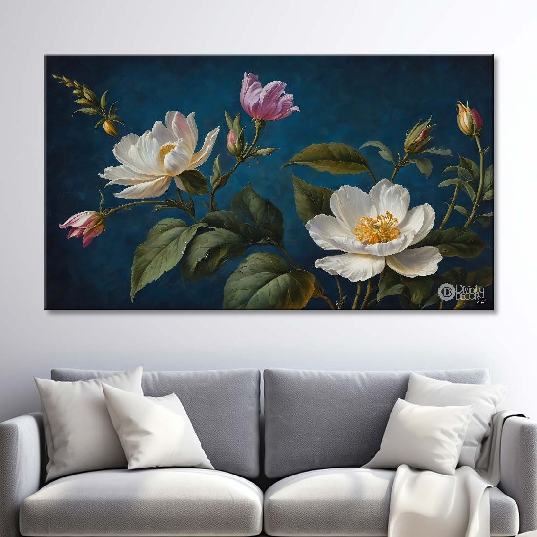 White flowers in navy blue background canvas painting- Flower-827